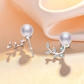 Elegant leaf pearl earrings in silver with sparkling zircon accents on silk background - Platinum Pearl Vine Stud Earrings (C138)