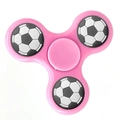 Pink three-blade fidget spinner with black and white football pattern weights on a white background - Classic Pink Soccer Pattern