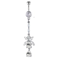 Silver belly button ring with long tassel and sparkling cubic zirconia stones - Silver (Long Tassel)