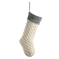 Calza di Natale in maglia bianco crema con risvolto grigio e classico motivo a treccia - Avorio e Grigio Argento