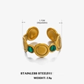 Adjustable gold plated stainless steel ring with green malachite circular inserts - Malachite Style