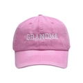 Detailed close-up of GRANDMA white embroidery on pink washed cotton baseball cap texture - Pink-GRANDMA