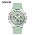 Mint green dual display waterproof sport watch with silicone strap and silver case - 6062 Matcha Green Women's
