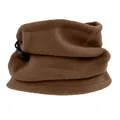 Macro detail of khaki fleece neck warmer fabric with adjustable black drawstring toggle - Khaki
