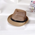 Detail of breathable brown mesh fedora hat featuring a black faux leather band and silver buckle - Khaki
