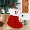 Chaussette de Noël en tricot rouge avec lettre V brodée et revers blanc côtelé - Rouge [V]