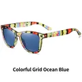 Polarized sunglasses featuring colorful geometric pattern frames and ocean blue lenses - Colorful Grid / Ocean Blue Lens