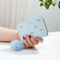 Light blue PU leather coin purse with heart embroidery and blue pompom keychain - Blue