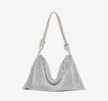 Sparkling silver rhinestone hobo evening bag with decorative knotted shoulder strap - Standard Size / Silver