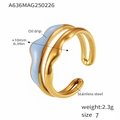 Detail view of double-layer wavy gold-plated stainless steel ring with blue enamel inlay - A636-Blue Enamel Gold Ring