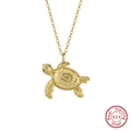 Minimalist S925 sterling silver sea turtle necklace in gold with green gemstone eyes - 14K Gold/45cm