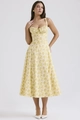Close-up of a floral yellow summer dress featuring a stylish waist-cinching A-line cut - Yellow with Yellow Floral