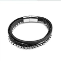 Pulsera de hombre en cuero trenzado negro con cadena plateada y cierre magnético - Cuero Negro con Acero