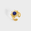 Golden sunflower ring with round blue lapis stone and adjustable open band design - Dark Blue (YYR023124-LA)