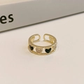 Adjustable golden open ring featuring black enamel and crystal studded heart patterns - Black Heart Pave
