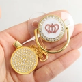 Pink rhinestone crown baby pacifier set with gold chain and matching clip accessories - Transparent Gold Crown
