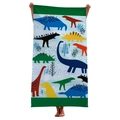 Detailed view of microfiber beach towel featuring colorful dinosaur patterns held by hands - JF813-7 Colorful Cartoon Dinosaur