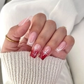 Christmas press-on nails with red French tips and white snowflake designs on long coffin shape - BZ1646 Snowflake French / Glue Type