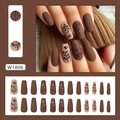Uñas postizas marrón mate con diseño floral de otoño y estilo retro de bosque - 24 Piezas (Con Pegamento) / Estilo Floral Caramelo (W1806)