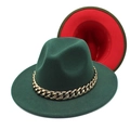 Detail of dark green wool fedora with gold chunky chain and red contrast brim lining - Dark Green and Red