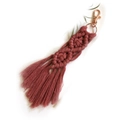 Handmade cotton woven keychain with macrame knots and long fringes in brick red color - Burgundy