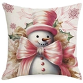 Detalle de funda de cojín de tela suave con muñeco de nieve y lazo rosa decorativo - 45x45cm Una cara sin relleno / Muñeco de nieve rosa