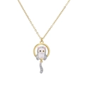 Golden necklace with a cute gray and white enamel cat pendant sitting in a round circle - Grey Striped Cat