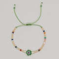 Bohemian woven beaded bracelet with colorful seed beads and a green flower centerpiece - Green Rope Five-petal Flower Beads (MI-B220498D)