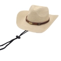 Detail of woven straw hat with brown band, metal feather charm and chin strap - One Size / Beige (Gold Feather Style)