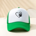 Front view of green and white trucker hat with black heart and paw print design - One Size / Green