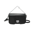 Minimalist black flap square bag with silver metal chain and adjustable leather strap - Black