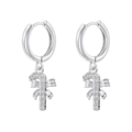 Detailed macro shot of silver Christmas candy cane earrings with crystal bows and zircons - Silver Candy Cane with White Stones