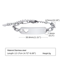 Detail of adjustable stainless steel bracelet with engraved plate and heart cutout - Style 19 Kids (Silver/Heart Hollow/Wide Chain)