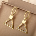 14K gold plated long dangle earrings with white cubic zirconia in geometric shapes - Triangle Round Geometric (091)