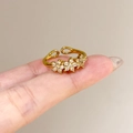 Adjustable gold butterfly ring featuring three elegant floral zircon clusters for women - Triple Flower Cluster