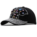 Detail of colorful rhinestones and butterfly pattern on black distressed denim baseball cap - Adjustable / Black (JXB-53231)