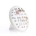 Oval earring display board with pearl trim and folding stand in white leather finish - Small / White Velvet