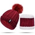 Detailed close-up of burgundy knitted beanie and fleece neck warmer set with faux fur pom - One Size / Burgundy