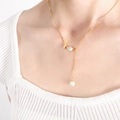 Gold tulip necklace featuring white shell petals and a dangling round pearl pendant - 43+5cm / Rose Tassel Style (P1479) / Gold