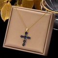 Luxurious gold titanium steel cross necklace with deep blue zircon in a gift box - Golden Deep Blue Stone Cross Style (0255-BU)