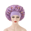Close-up of purple butterfly print sleep bonnet with wide elastic band on a model - 30cm / Purple