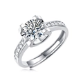 Silver four-prong moissanite ring with side stones and adjustable band design - Adjustable Open / Adjustable Four-Prong Round Style (R11551-6.5mm/1 Carat)