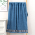 Thick navy blue cotton bath towel featuring ethnic geometric pattern on wooden rack - Geometric Ethnic Pattern Hand Towel (Royal Blue) / 34*74cm