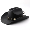 Klassischer schwarzer Cowboyhut aus Stroh mit Vintage-Bullenkopf-Emblem auf braunem Band - M(56-58cm) / Ganz Schwarz