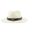 Beigefarbener Strohhut im Fedora-Stil mit braunem Lederband und floraler Bronzeschnalle - M (56-58cm) / Milchweiß