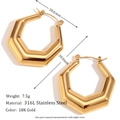 Macro detail of gold 18K plated stainless steel hexagonal earrings with dimension labels - Hexagonal Geometric Hollow Hoop Earrings - Gold