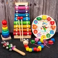 5-piece wooden educational toy set including xylophone, stacking tower and penguin clock - 5-Piece Set (Caterpillar + Xylophone + Rainbow Tower + Hand Bell + Clock)