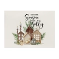 Waterproof cotton linen Christmas placemat with vintage hand-drawn cabins and pine branch - CD102-5('Tis the Season)
