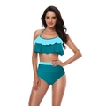 Two-tone blue halter bikini set with layered ruffles and high-waisted bottoms for women - Kids 116 / Top And Bottom / Blue