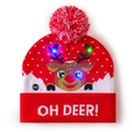 Red and white LED Christmas beanie featuring reindeer pattern and OH DEER text - Bright Red Reindeer Christmas Hat